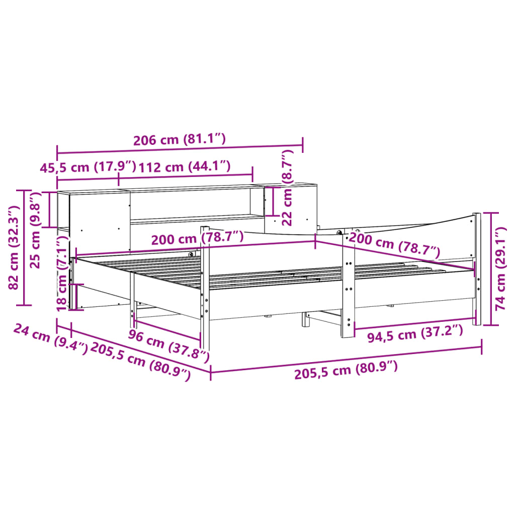 Bedframe zonder matras massief grenenhout wit 200x200 cm