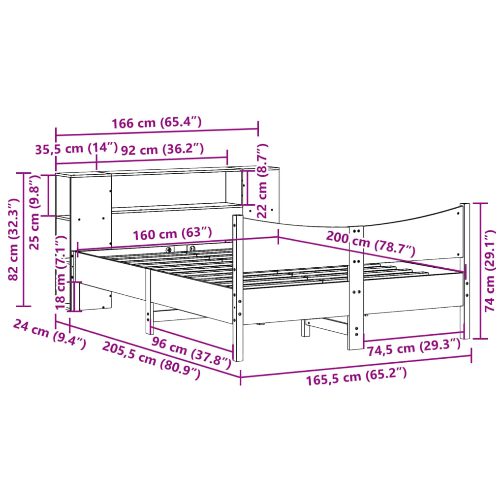 Bedframe zonder matras massief grenenhout wit 160x200 cm