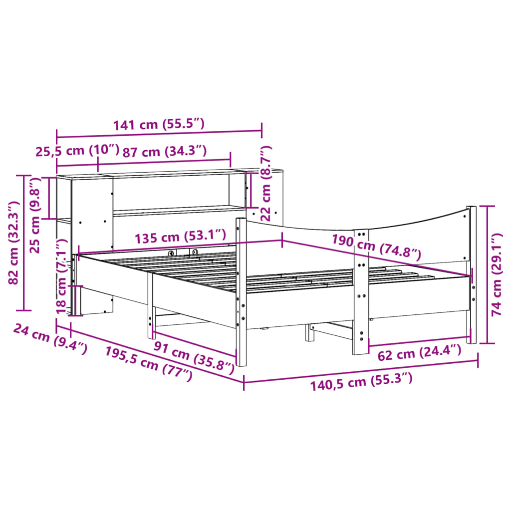 Bedframe zonder matras massief grenenhout wit 135x190 cm