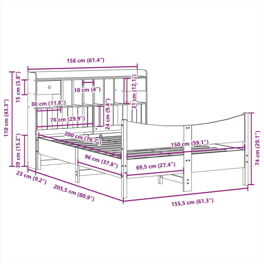 Bedframe zonder matras massief grenenhout wit 150x200 cm