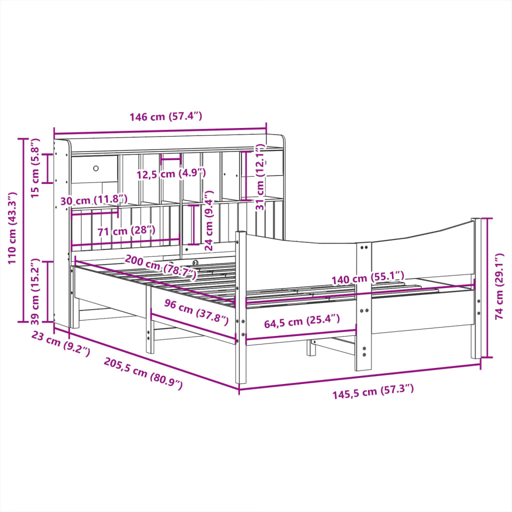 Bedframe zonder matras massief grenenhout wit 140x200 cm