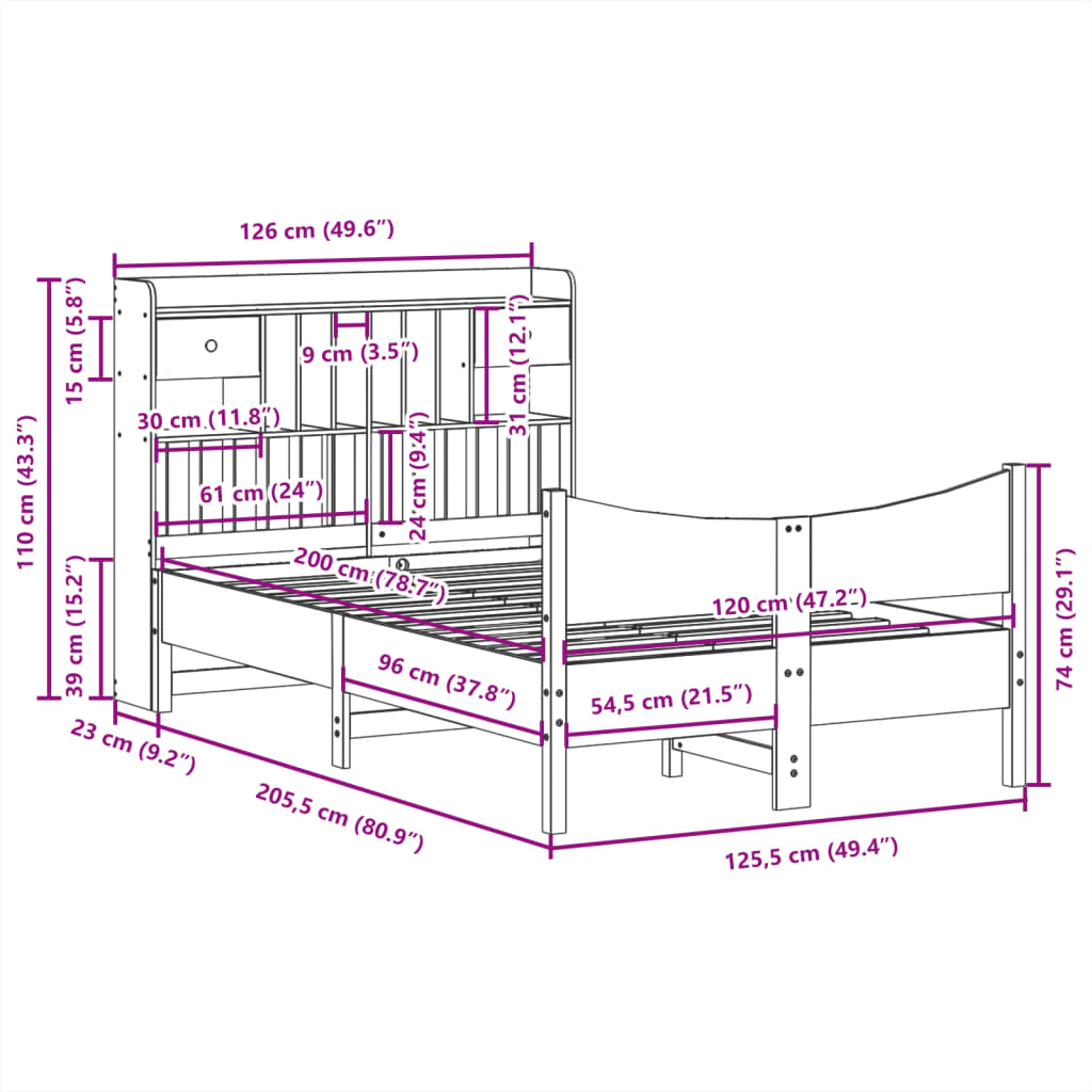 Bedframe zonder matras massief grenenhout wit 120x200 cm