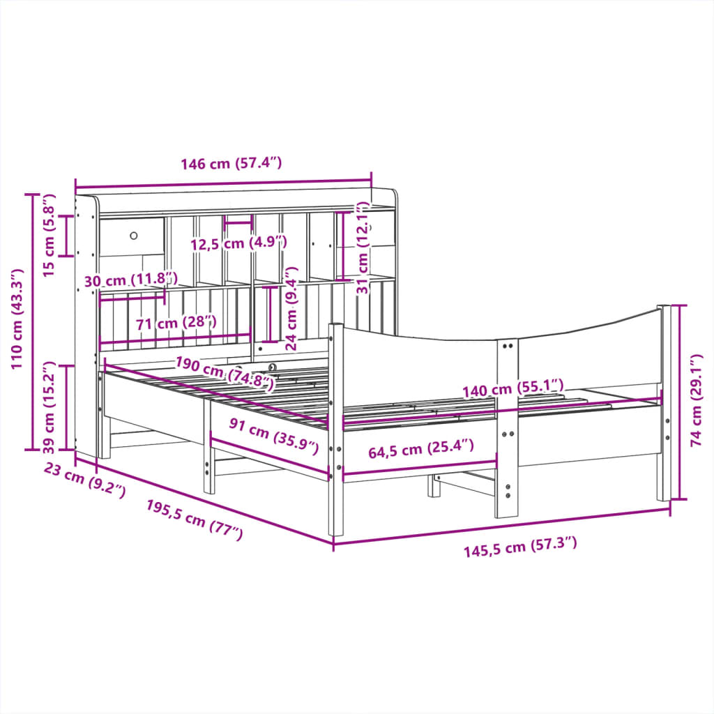 Bedframe zonder matras massief grenenhout wit 140x190 cm