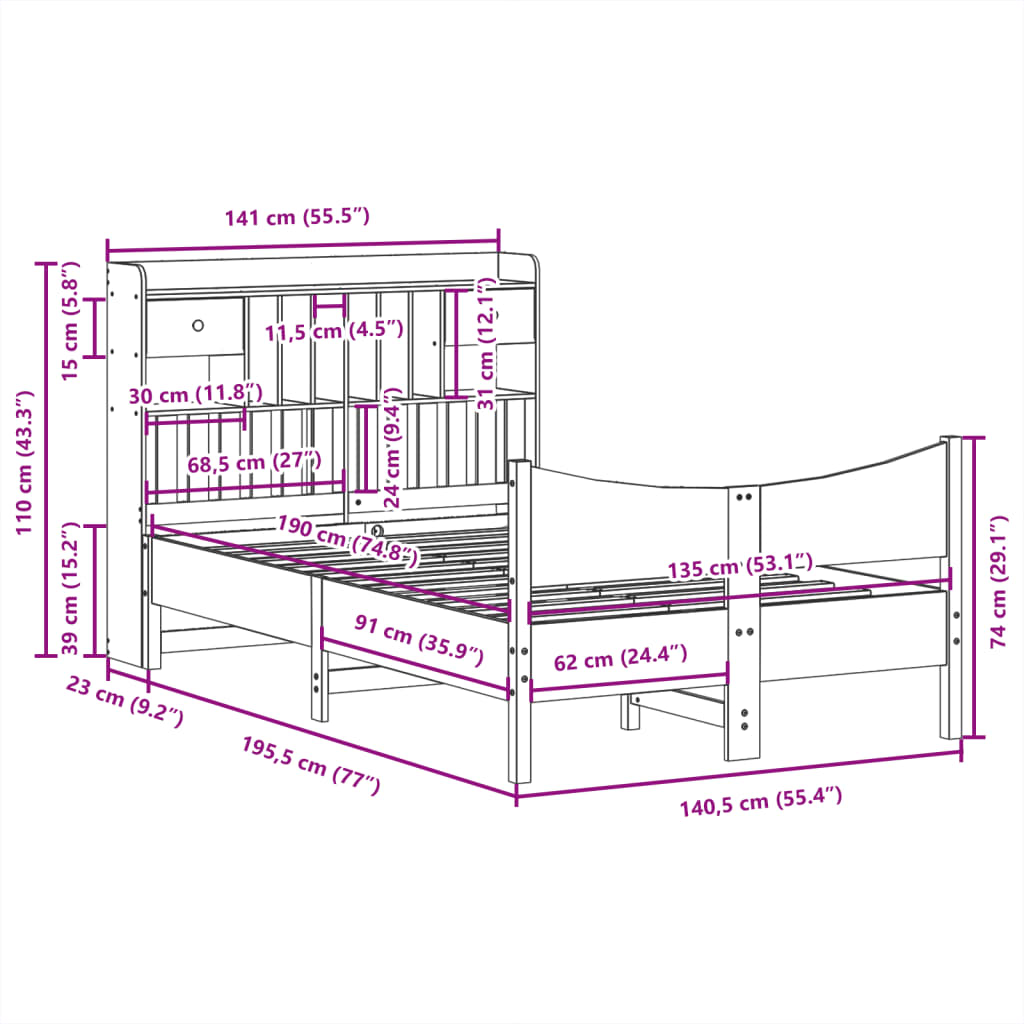 Bedframe zonder matras massief grenenhout wit 135x190 cm