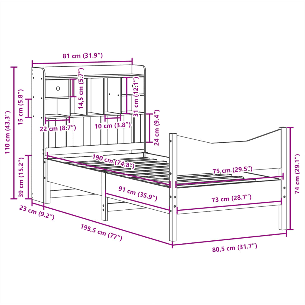 Bedframe zonder matras massief grenenhout wit 75x190 cm