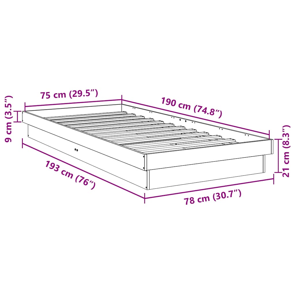 Bedframe zonder matras 75x190 cm massief hout eiken