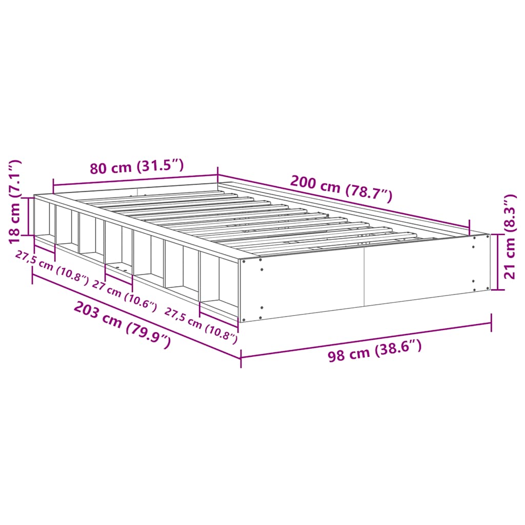 Bedframe zonder matras 80x200 cm massief hout eiken