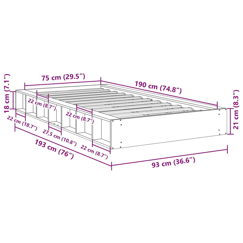 Bedframe zonder matras 75x190 cm massief hout eiken