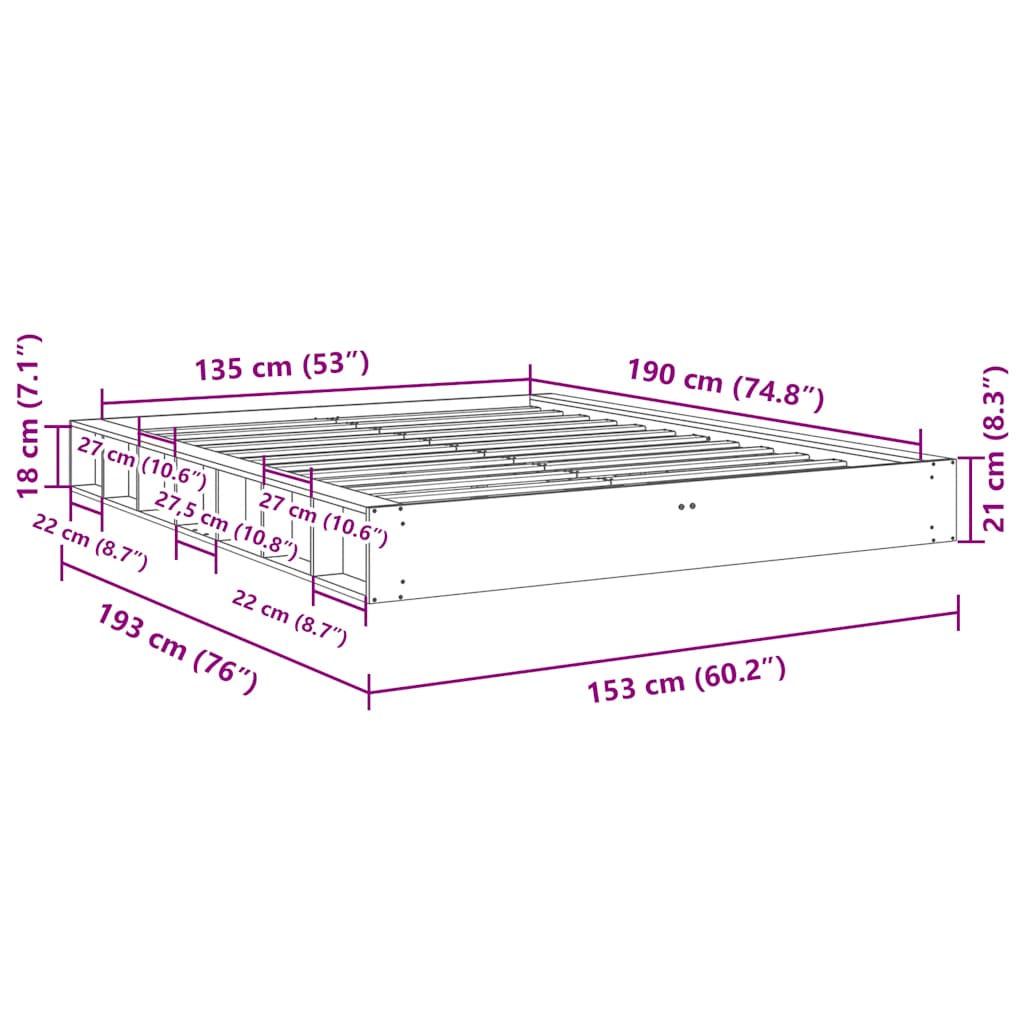 Bedframe zonder matras 135x190 cm massief hout eiken