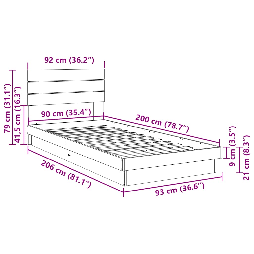 Bedframe hoofdeinde zonder matras 90x200 cm massief hout eiken