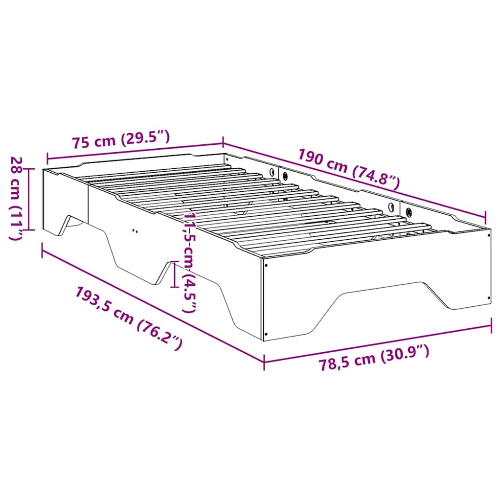 Bedframe zonder matras stapelbaar 75x190 cm massief hout wit