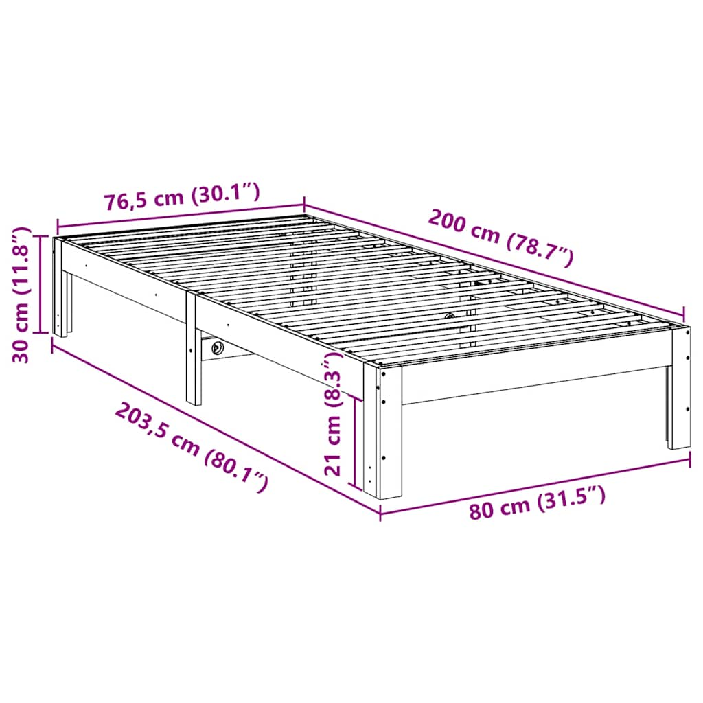 Bedframe zonder matras massief grenenhout wit 80x200 cm