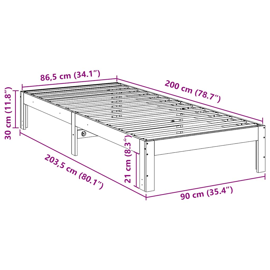 Bedframe zonder matras massief grenenhout wit 90x200 cm