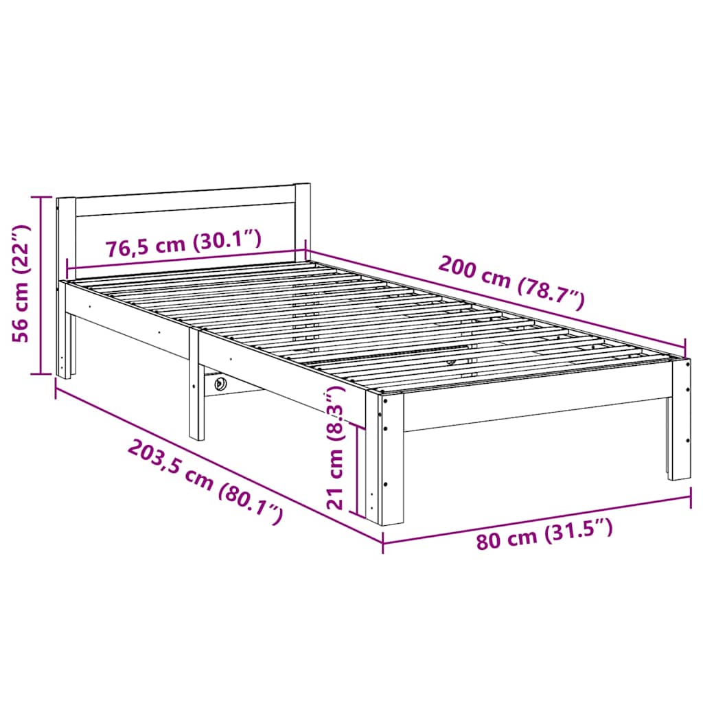 Bedframe zonder matras massief grenenhout wit 80x200 cm