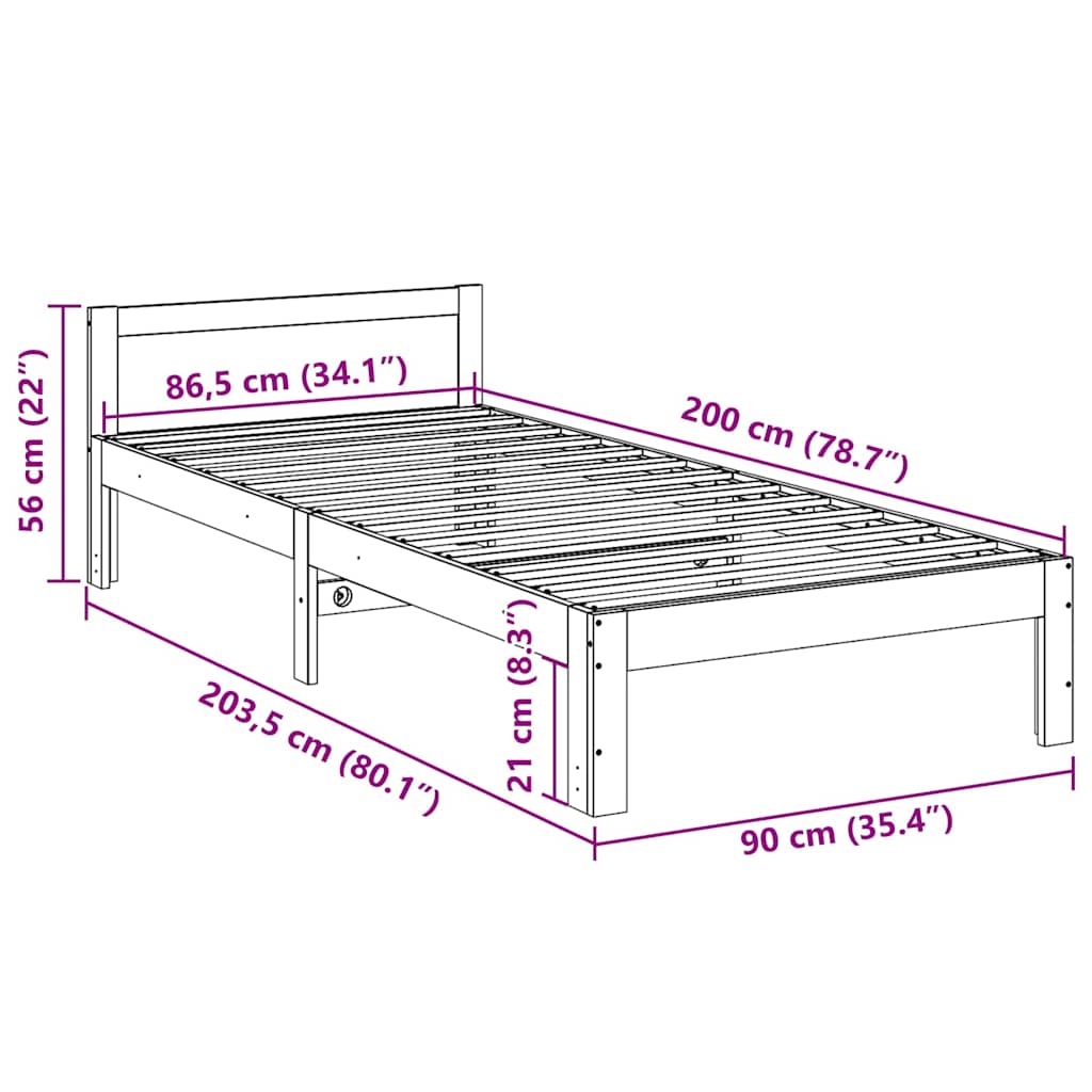 Bedframe zonder matras massief grenenhout wit 90x200 cm