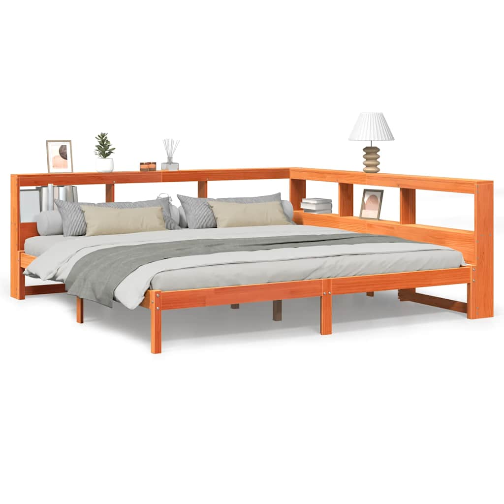 Bed met boekenkast zonder matras grenenhout wasbruin 200x200 cm