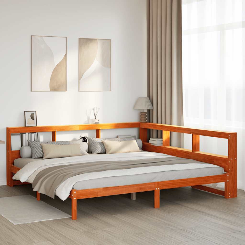 Bed met boekenkast zonder matras grenenhout wasbruin 200x200 cm