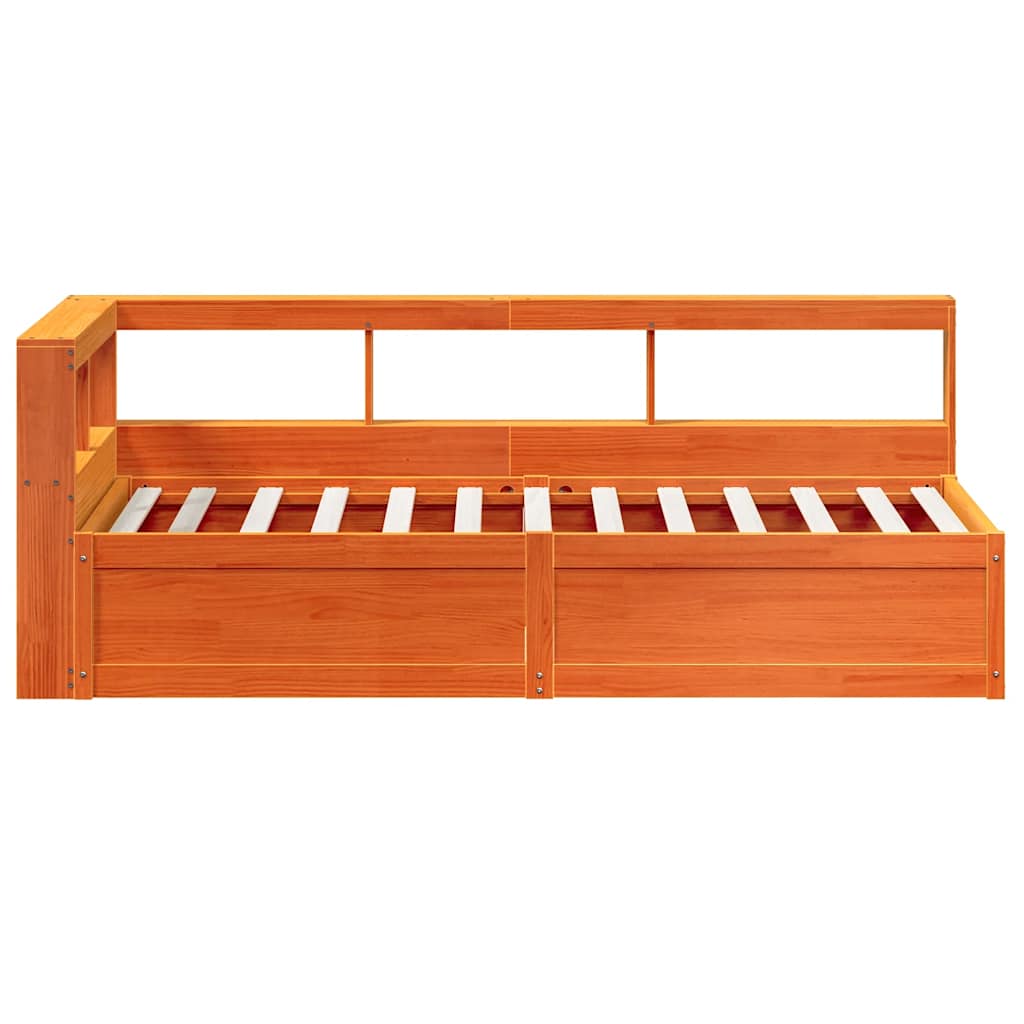 Bed met boekenkast zonder matras grenenhout wasbruin 75x190 cm