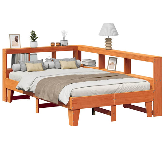 Bed met boekenkast zonder matras grenenhout wasbruin 140x190 cm