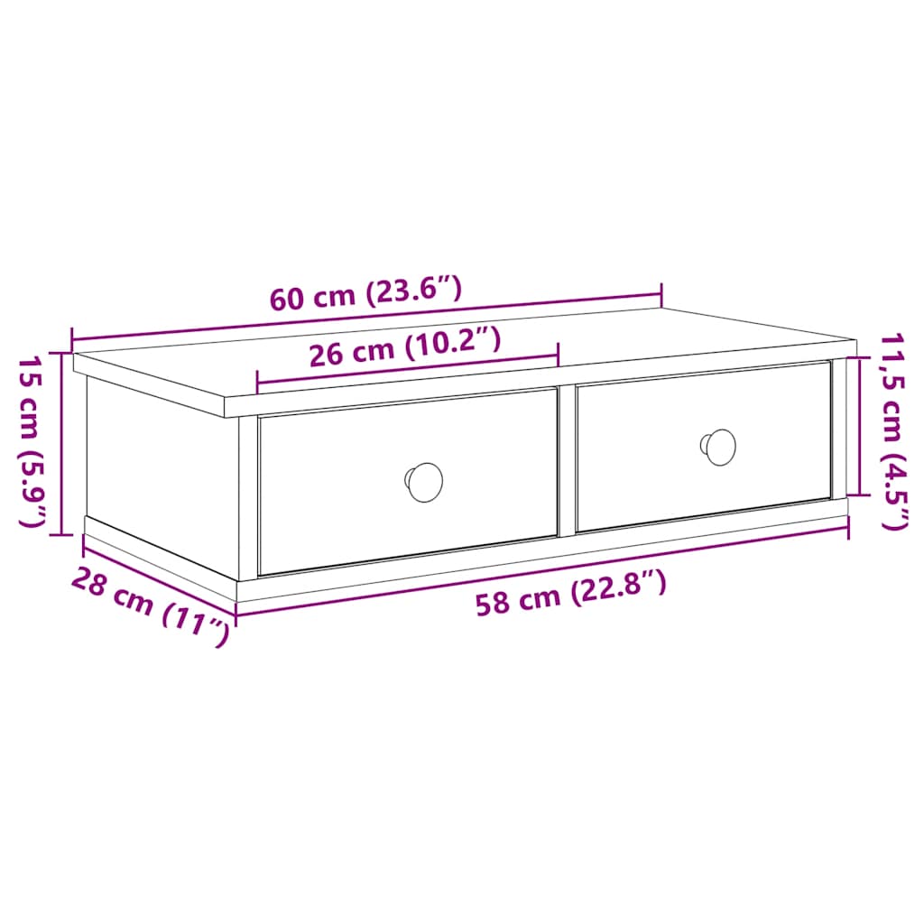 Wandschap met lades 60x25x15 cm bewerkt hout wit