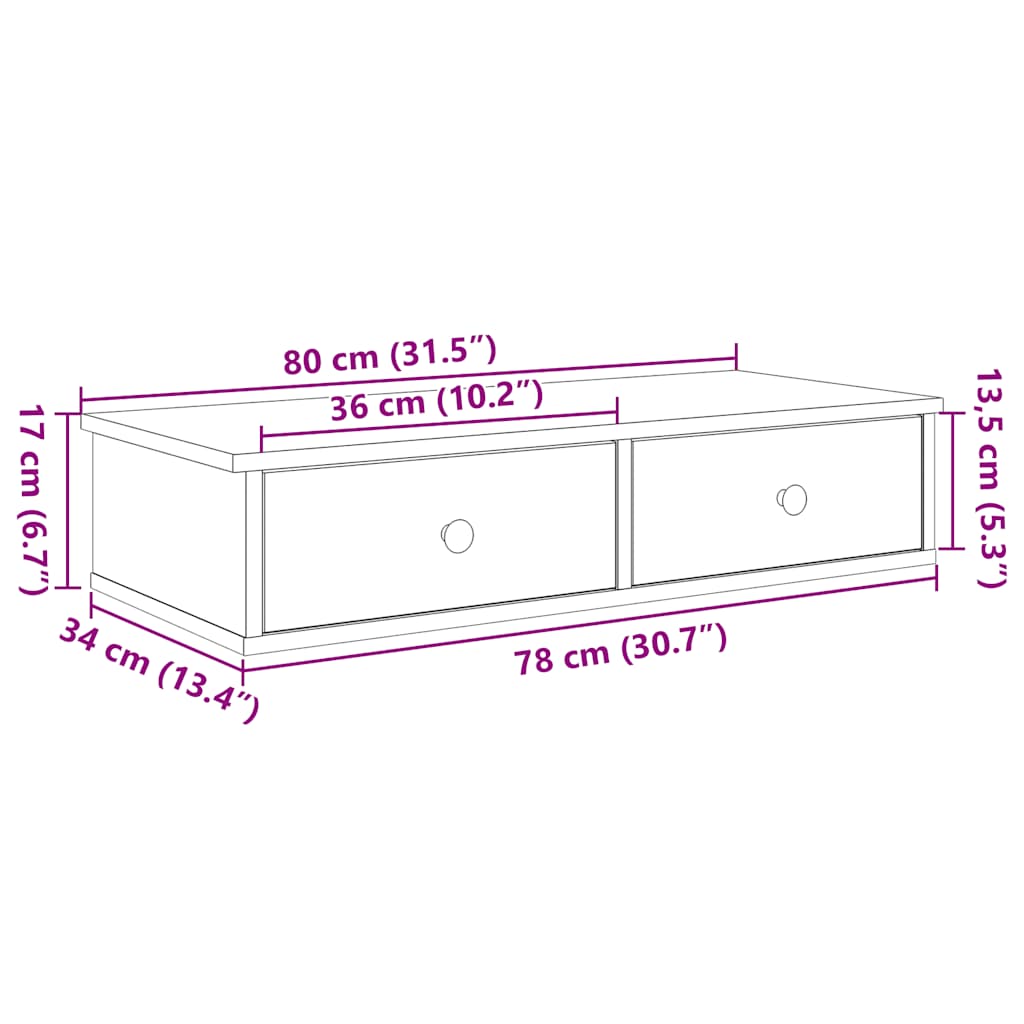 Wandschap met lades 80x31x17 cm bewerkt hout wit