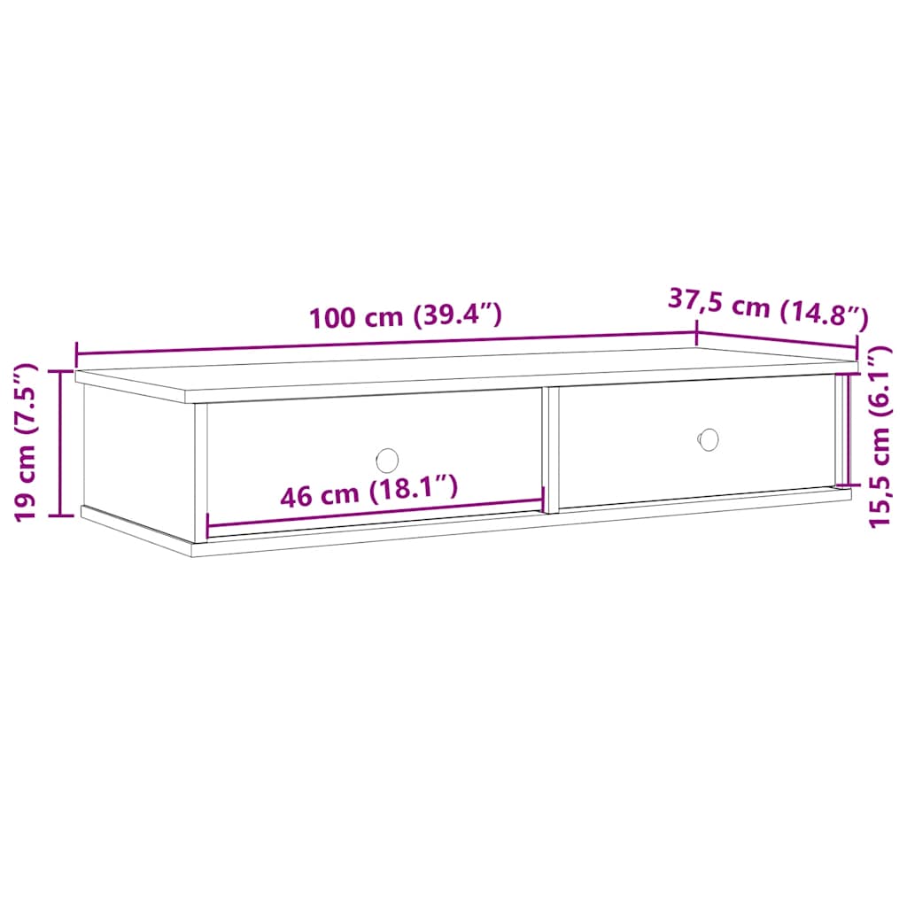 Wandschap met lades 100x37,5x19cm bewerkt hout artisanaal eiken