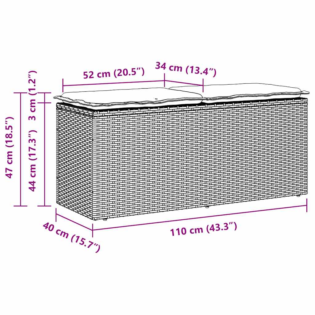 Tuinbank met kussen 110x40x44 cm poly rattan grijs