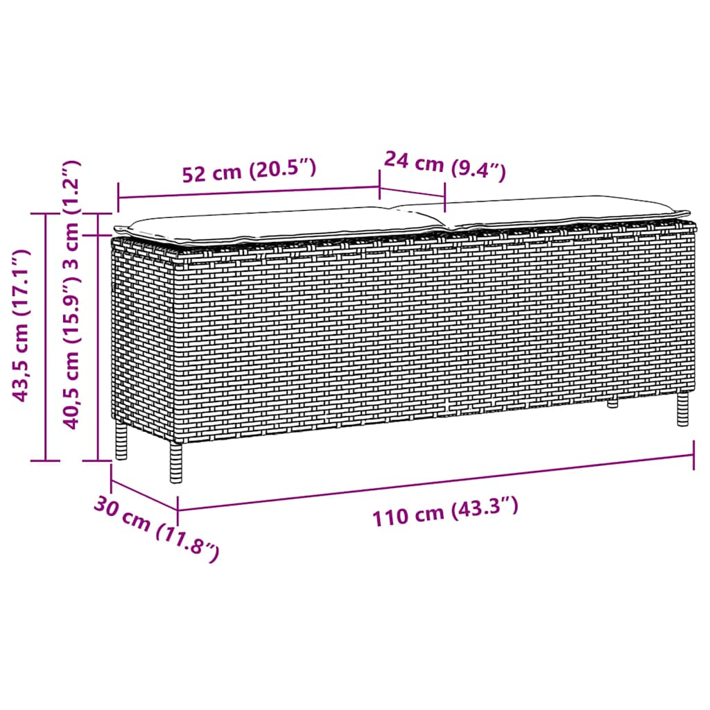 Tuinbank met kussen 110x30x40,5 cm poly rattan zwart