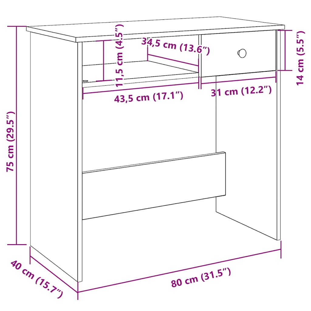 Bureau 80x40x75 cm bewerkt hout wit