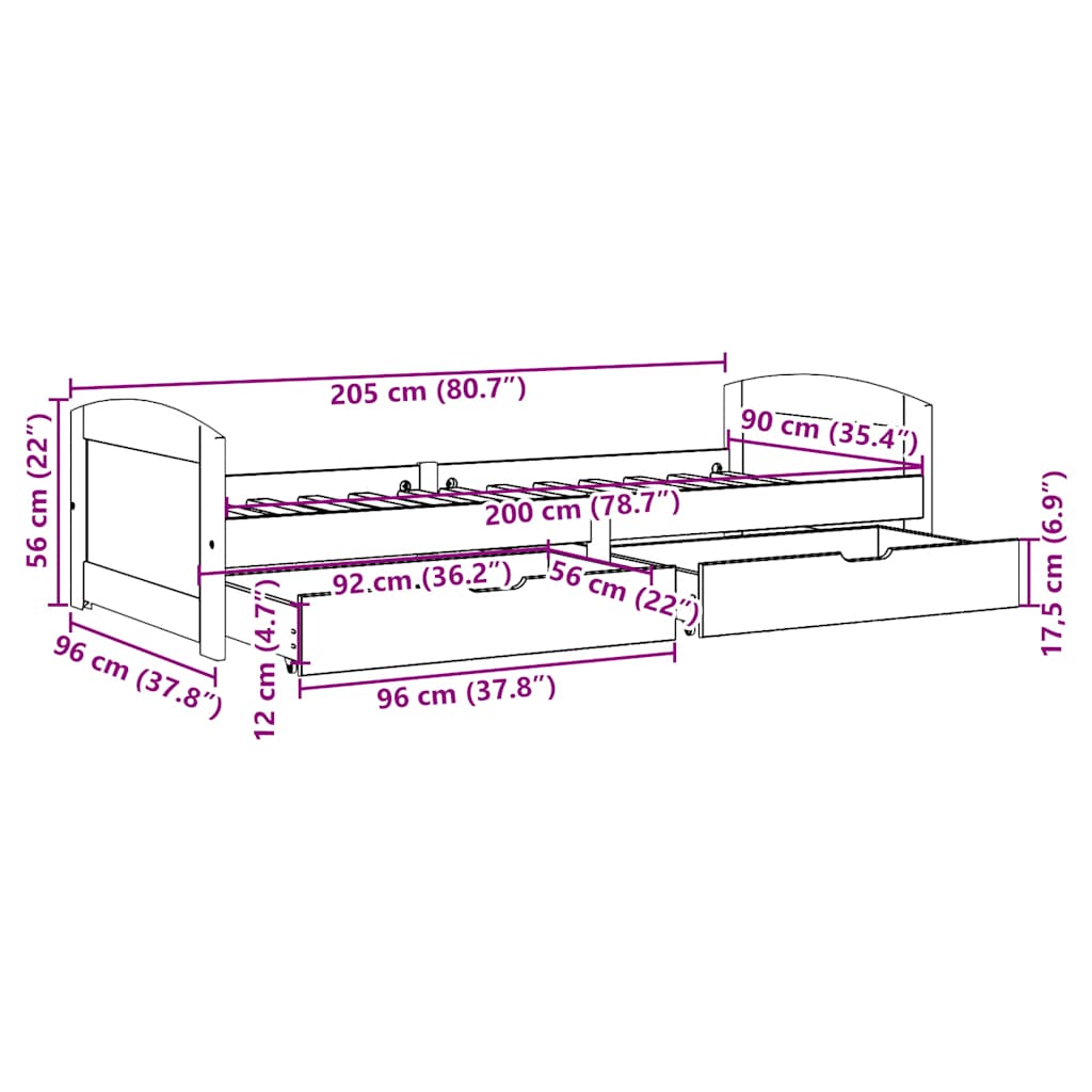 Slaapbank met 2 lades zonder matras IRUN 90x200 cm wit en roze