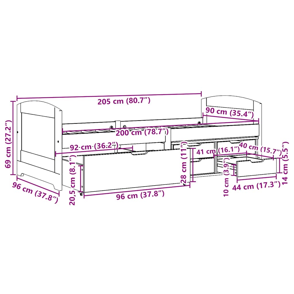 Slaapbank met 5 lades zonder matras IRUN 90x200 cm wit en roze