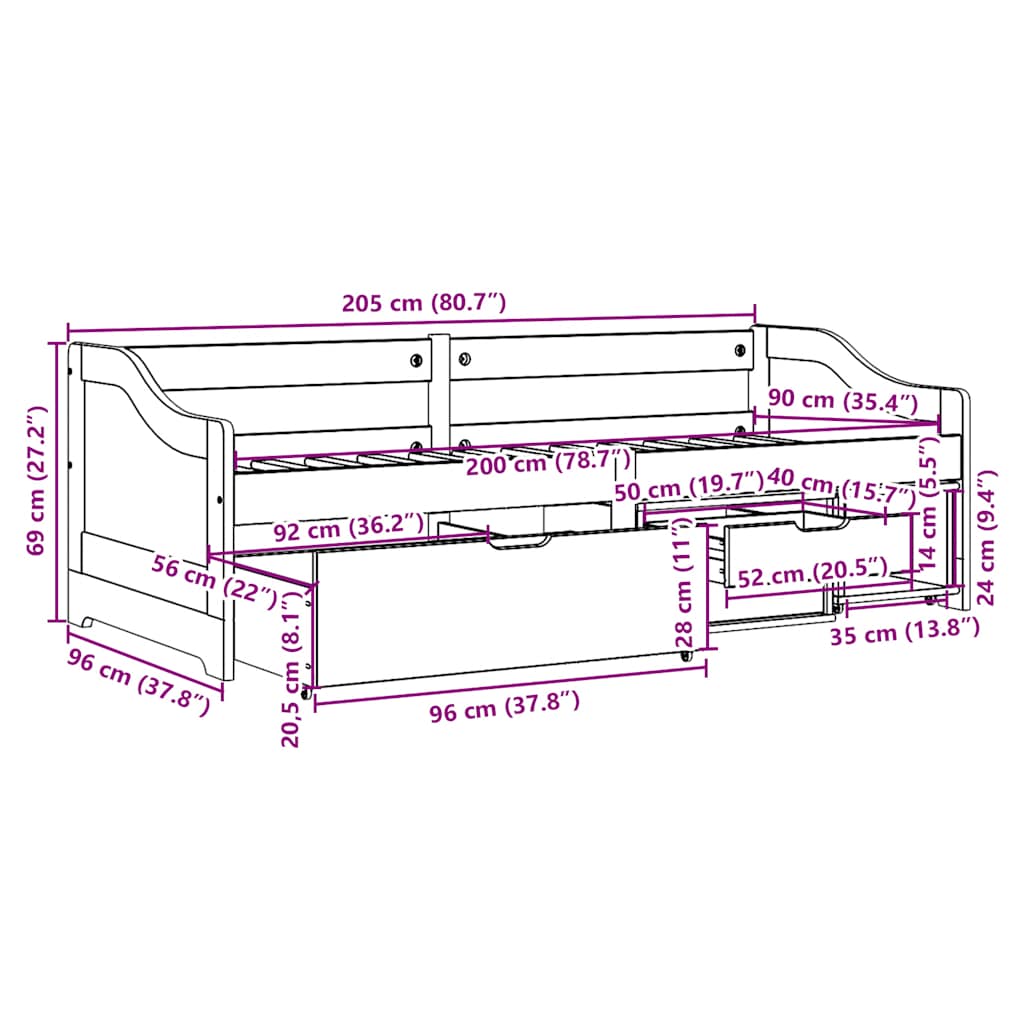 Slaapbank met 3 lades zonder matras IRUN 90x200 cm zwart