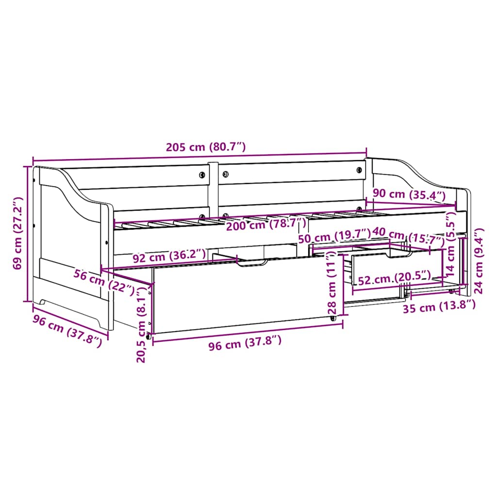 Slaapbank met 3 lades zonder matras IRUN 90x200 cm wit en roze