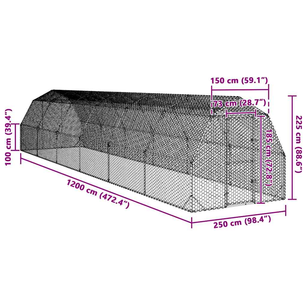 Kippenren 2,5x12x2,25 m gegalvaniseerd staal