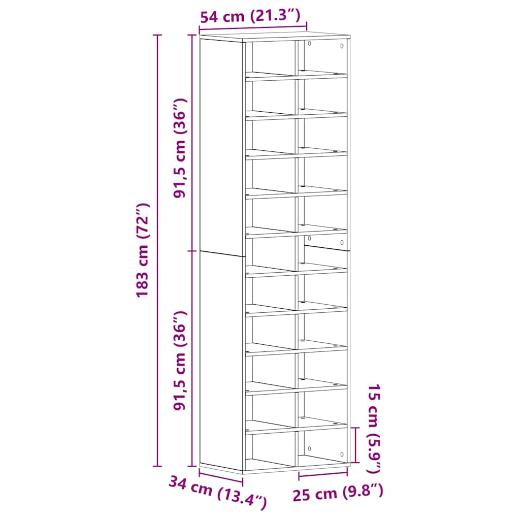 Schoenenkast 54x34x183 cm spaanplaat ambachtelijk eikenkleurig