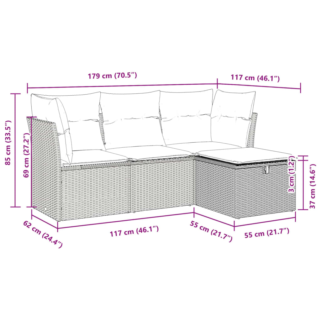 4-delige Loungeset met kussens poly rattan beige