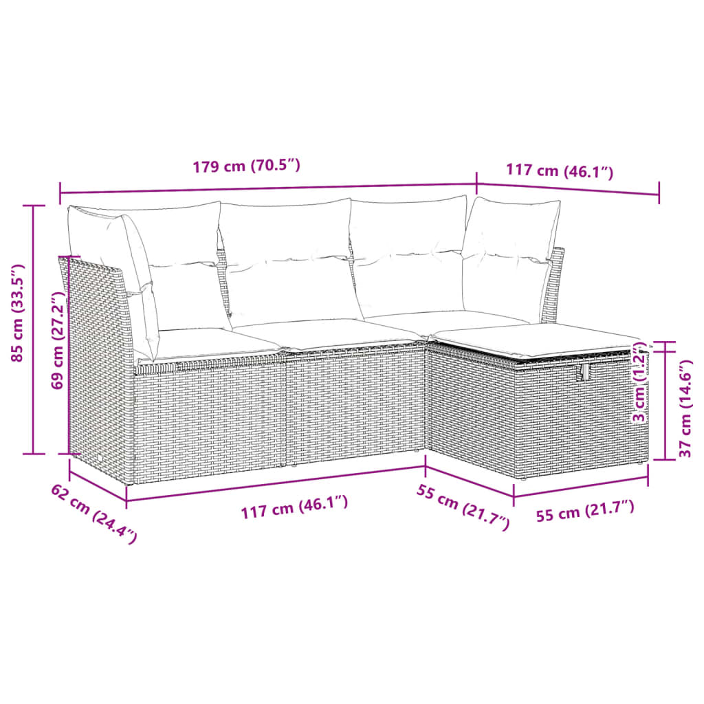 4-delige Loungeset met kussens poly rattan lichtgrijs