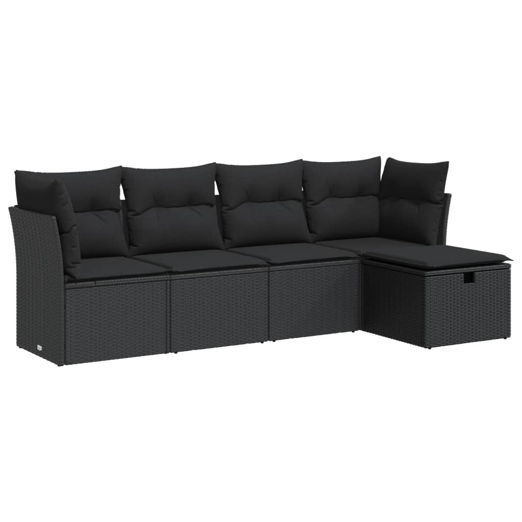 5-delige Loungeset met kussens poly rattan zwart