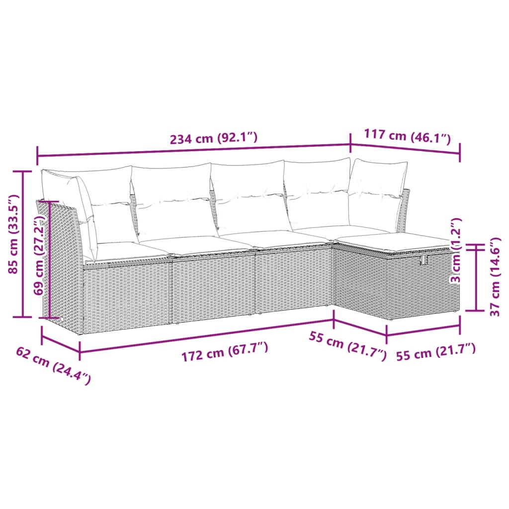 5-delige Loungeset met kussens poly rattan zwart