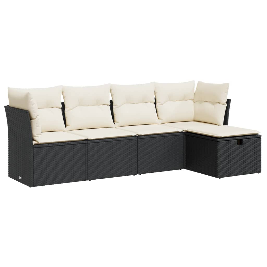 5-delige Loungeset met kussens poly rattan zwart