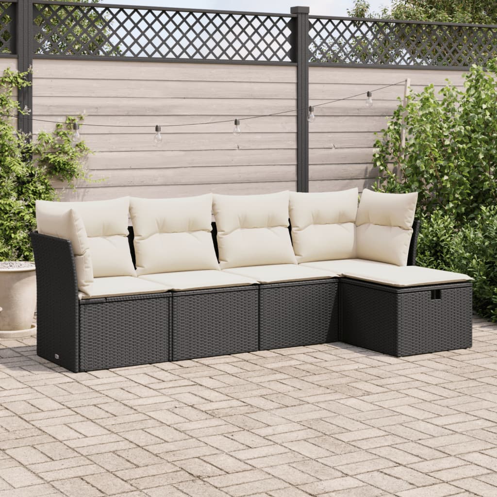 5-delige Loungeset met kussens poly rattan zwart