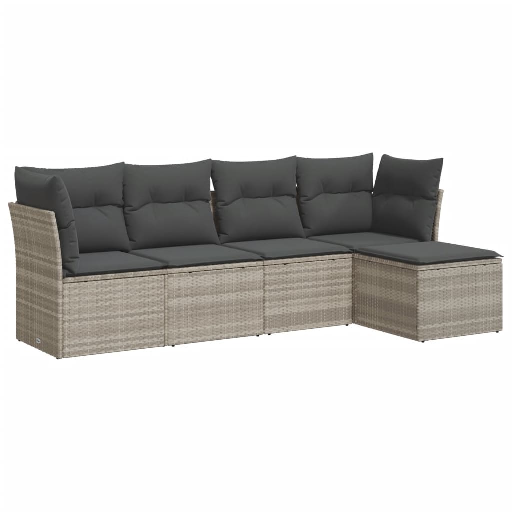 5-delige Loungeset met kussens poly rattan lichtgrijs