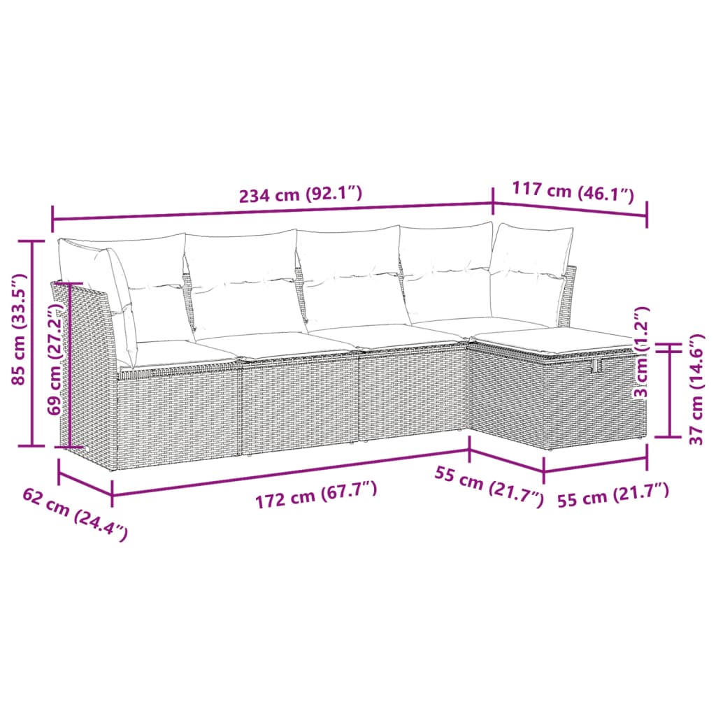 5-delige Loungeset met kussens poly rattan lichtgrijs