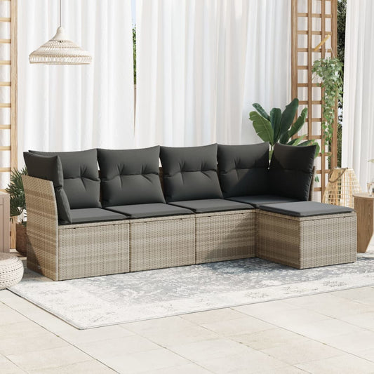 5-delige Loungeset met kussens poly rattan lichtgrijs