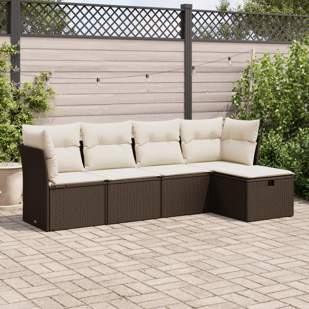 5-delige Loungeset met kussens poly rattan bruin