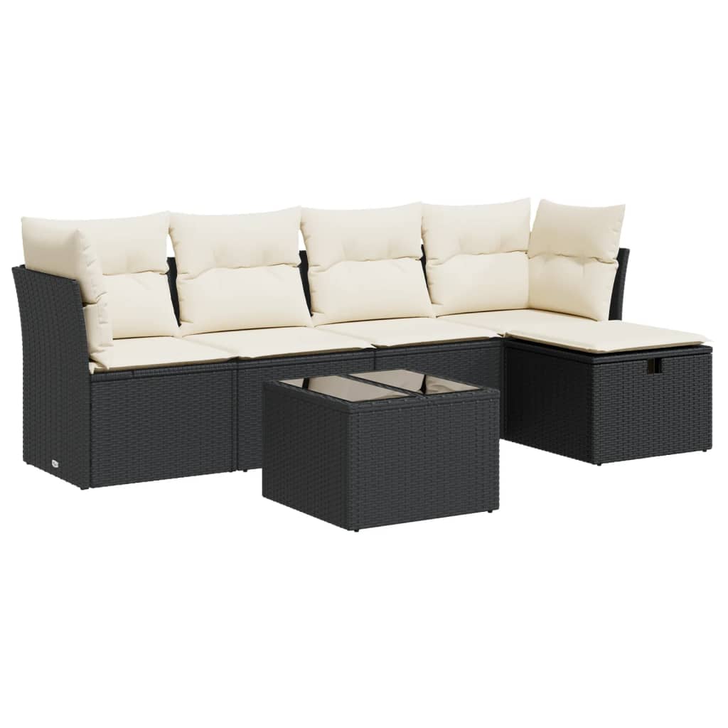 6-delige Loungeset met kussens poly rattan zwart