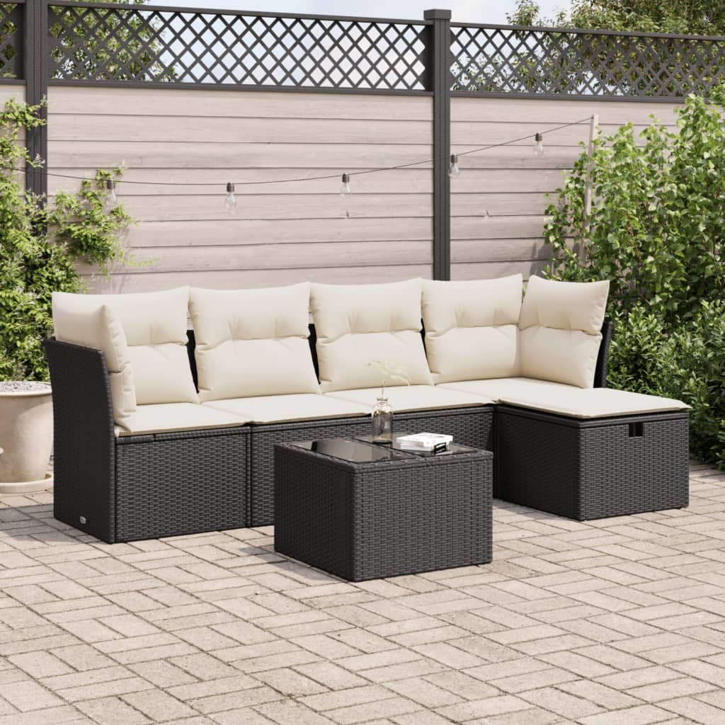 6-delige Loungeset met kussens poly rattan zwart