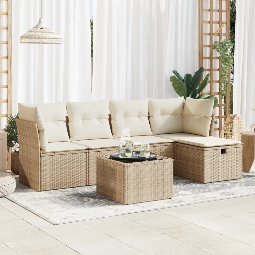 6-delige Loungeset met kussens poly rattan beige