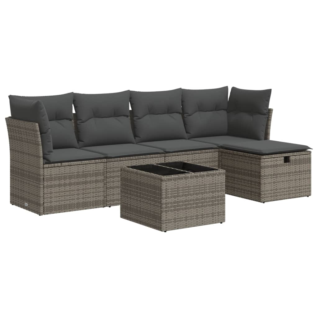 6-delige Loungeset met kussens poly rattan grijs