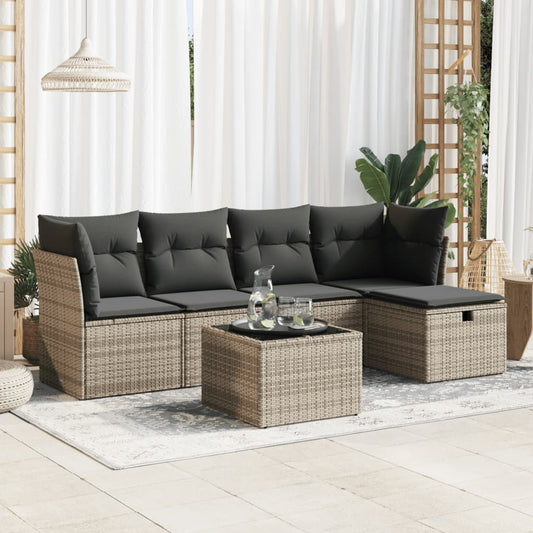 6-delige Loungeset met kussens poly rattan grijs